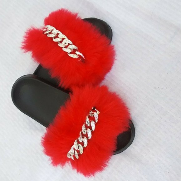Red Faux Fur Slides/Slippers/With Chain - Picture 2 of 7